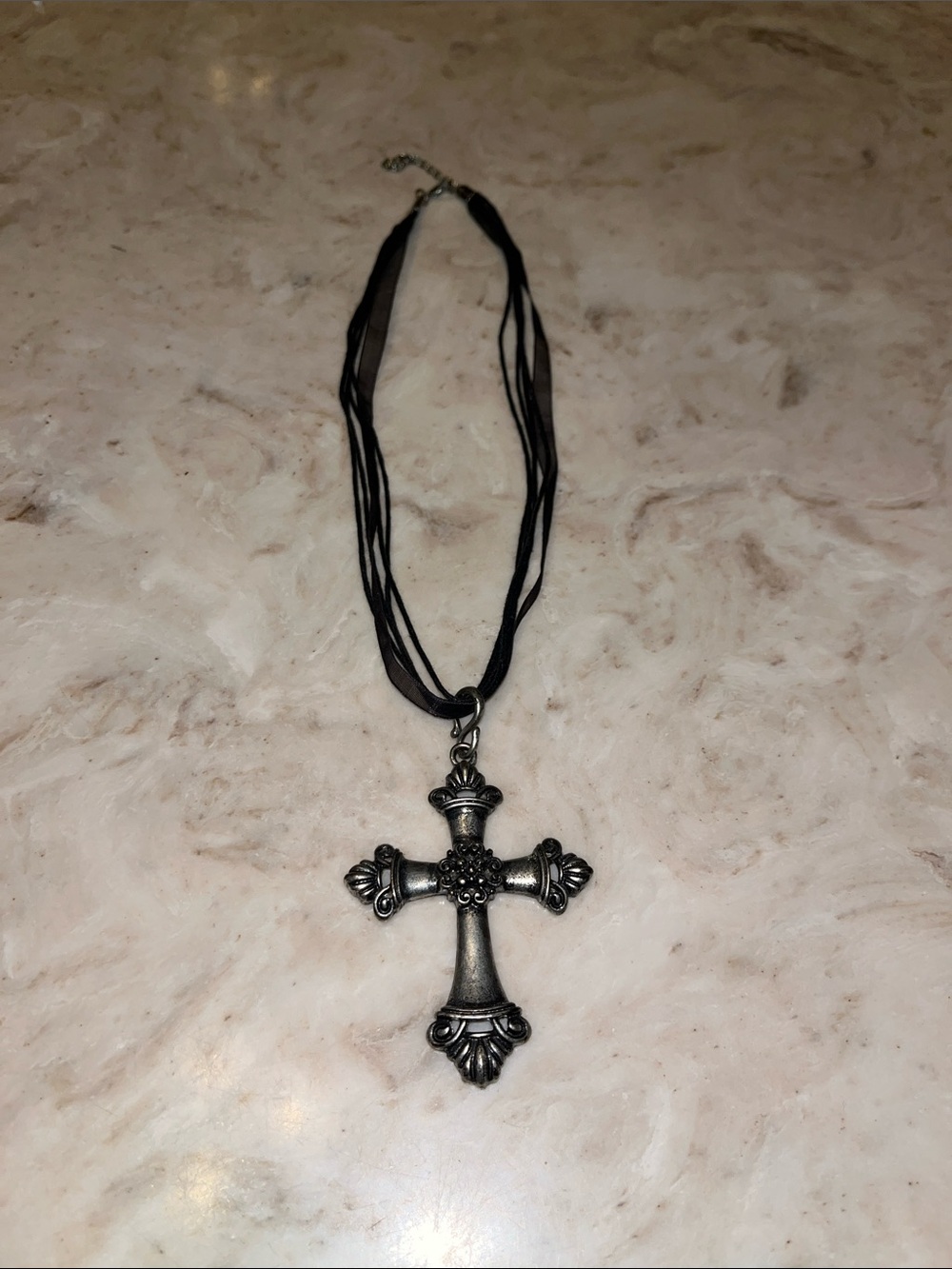 Ornate 3x2 inch Silver Cross Pendant Necklace in Black Cord and Ribbon